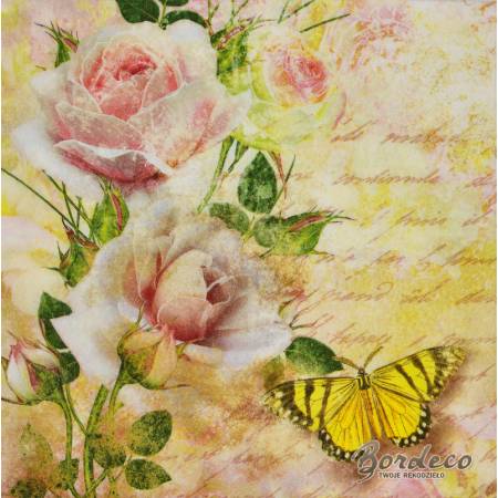 Serwetka do decoupage firmy DOMMOS róże vintage i motyl 33x33cm